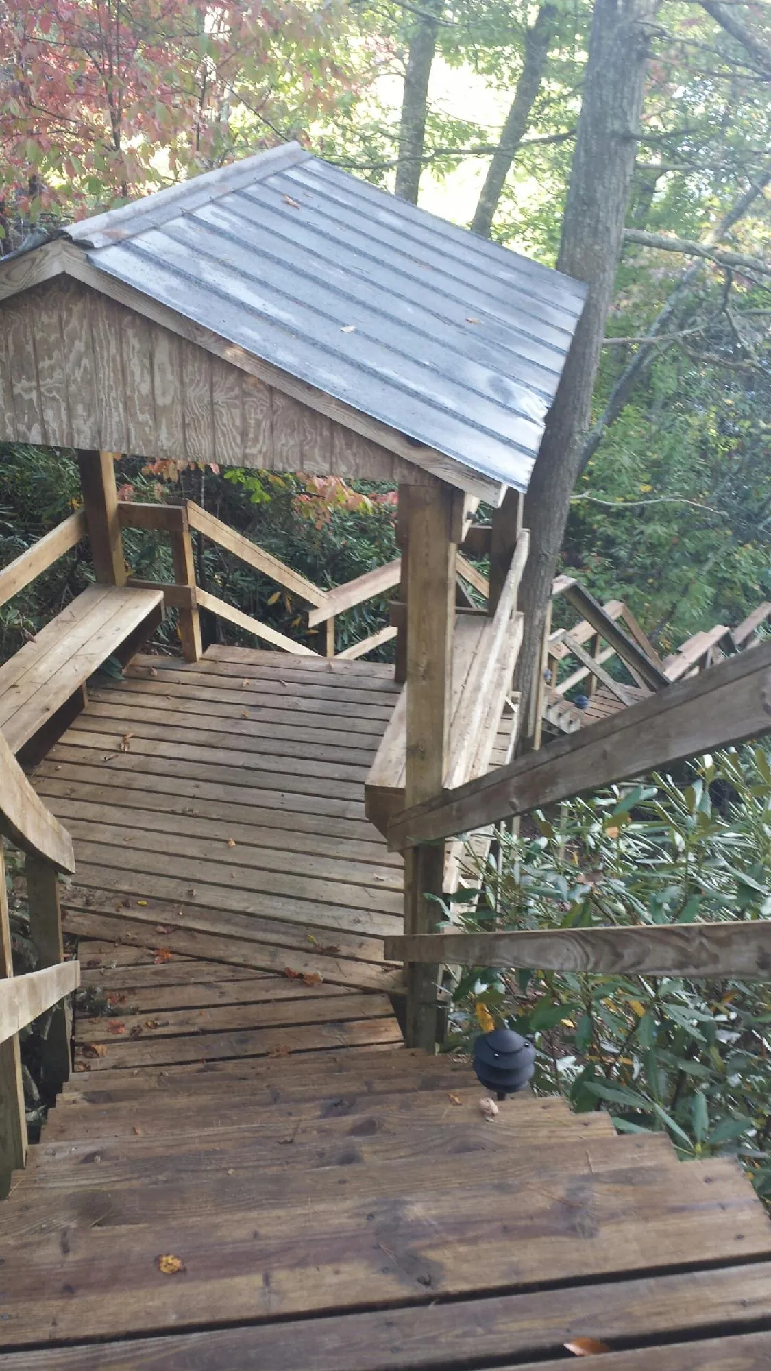 Metal roofed shelter over wooden steps on a wooded walkway — Skylight Repair & Installation work by our crew in Mission